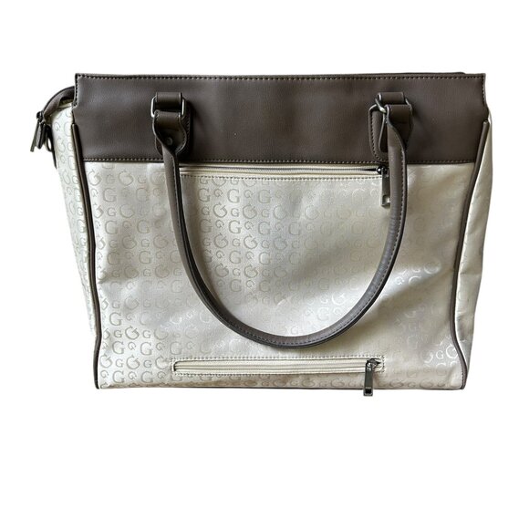 GUESS Pink Tan Brown Floral Patchwork Tote Bag Vegan Leather‎ Large Trendy - Picture 2 of 9